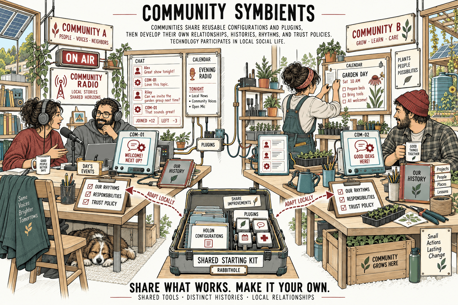 Two communities adapt shared tools to their own histories, rhythms, and relationships.