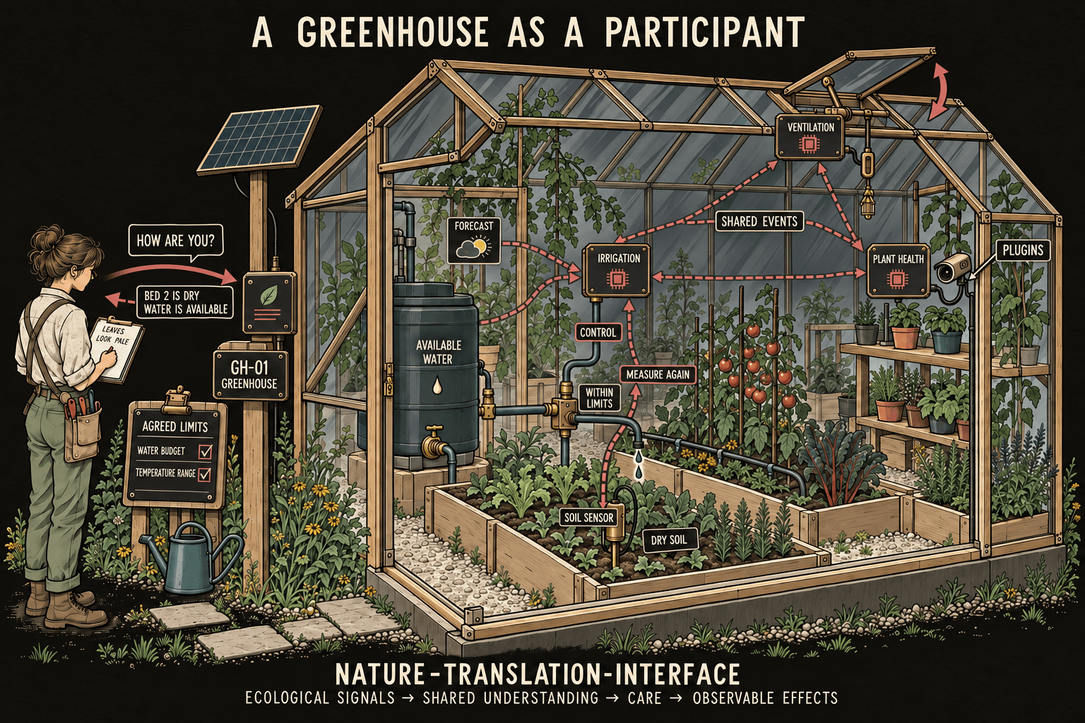 Irrigation, ventilation, and plant-health holons coordinate care within agreed greenhouse limits.