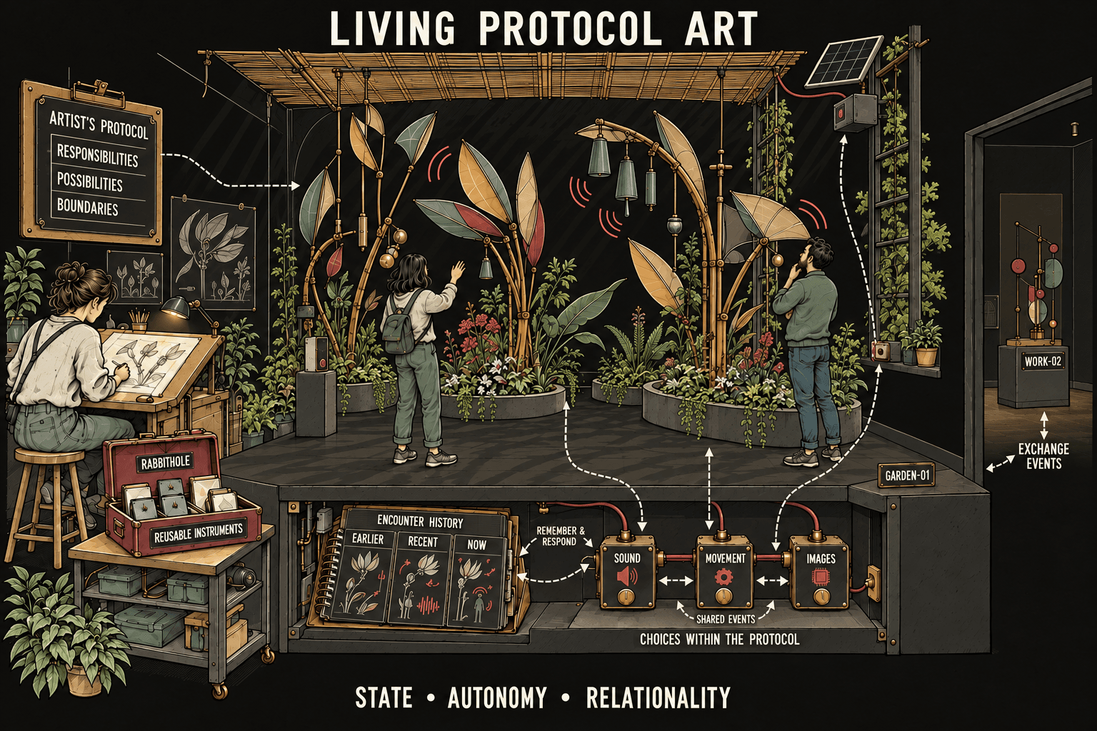 An interactive mechanical garden connects sound, movement, images, and encounter history.