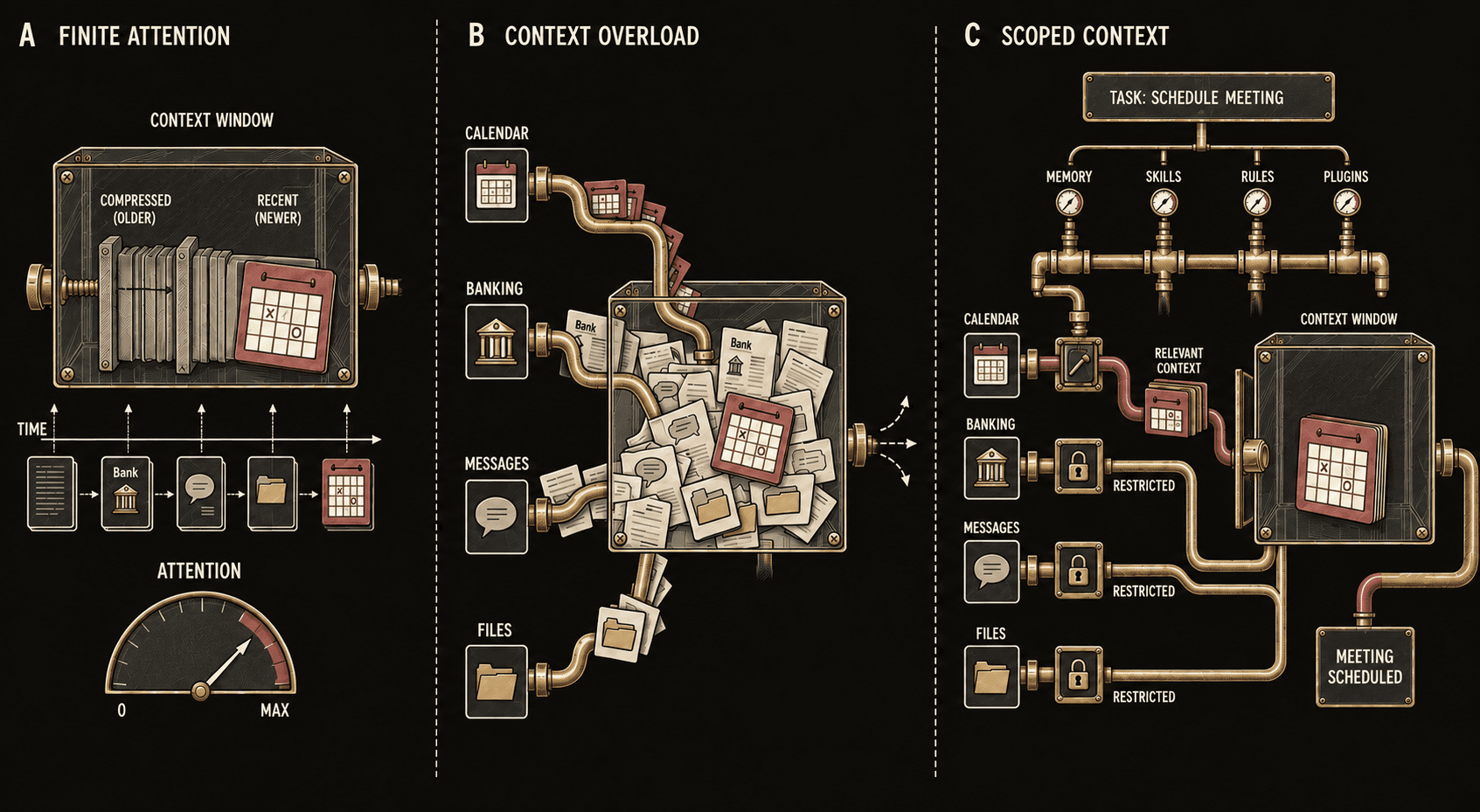 Finite attention, context overload, and scoped access to relevant information.