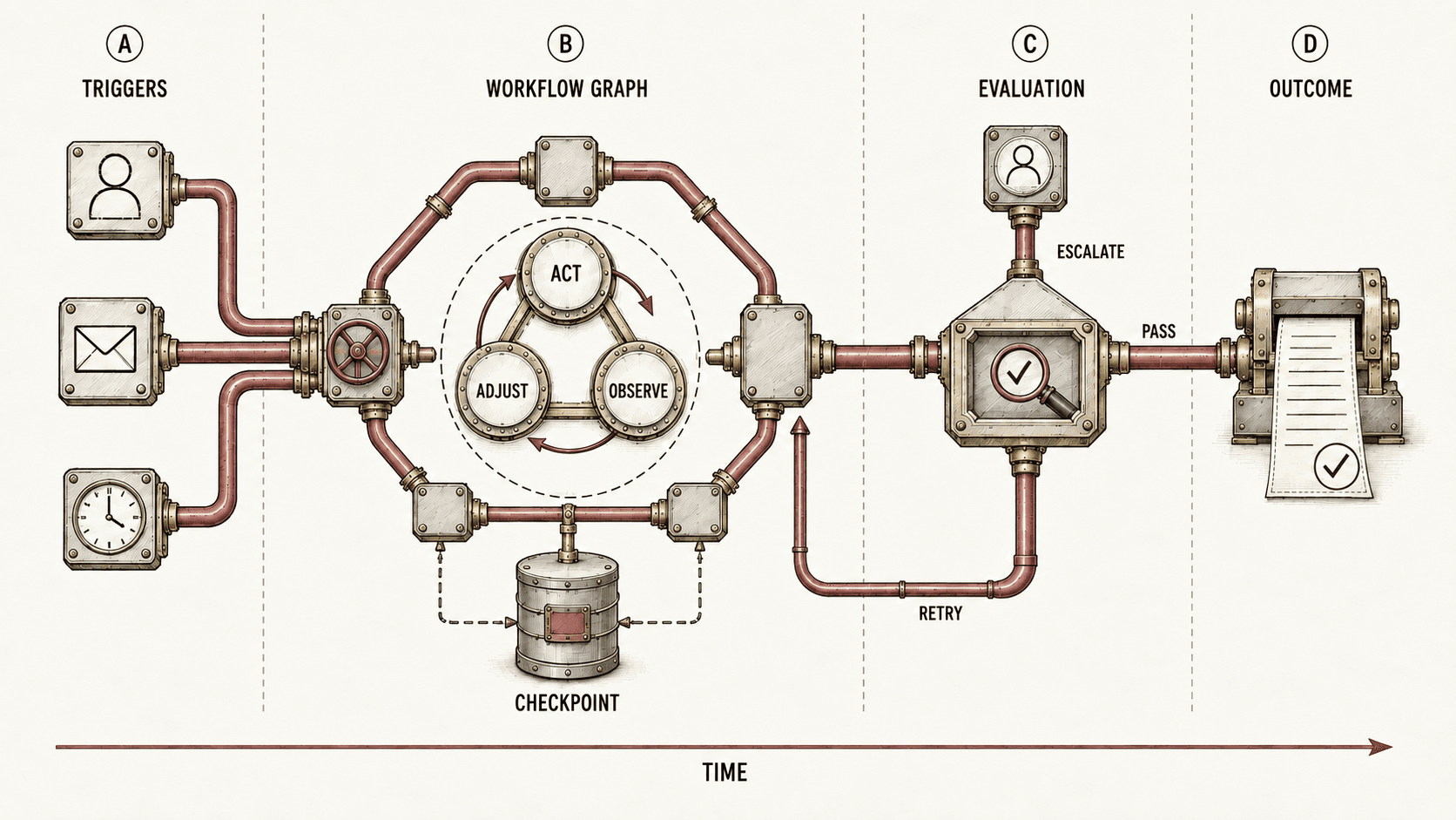 Triggers activate a workflow with checkpoints, evaluation, retries, and an outcome.