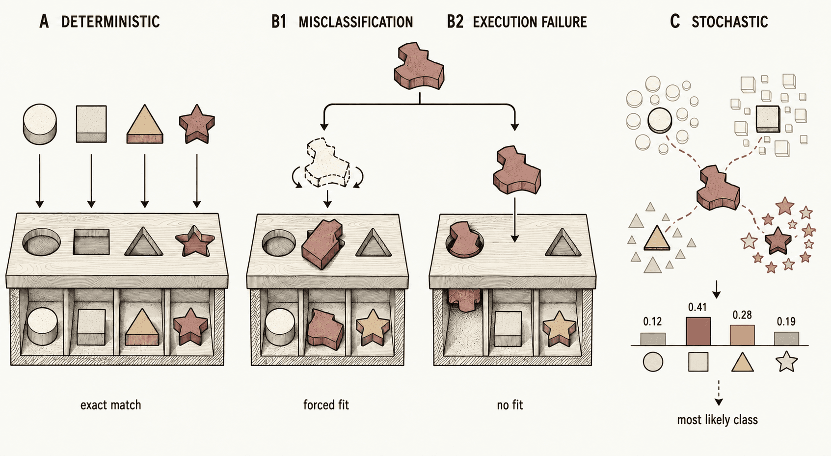 Deterministic shape matching, misclassification, execution failure, and stochastic classification.