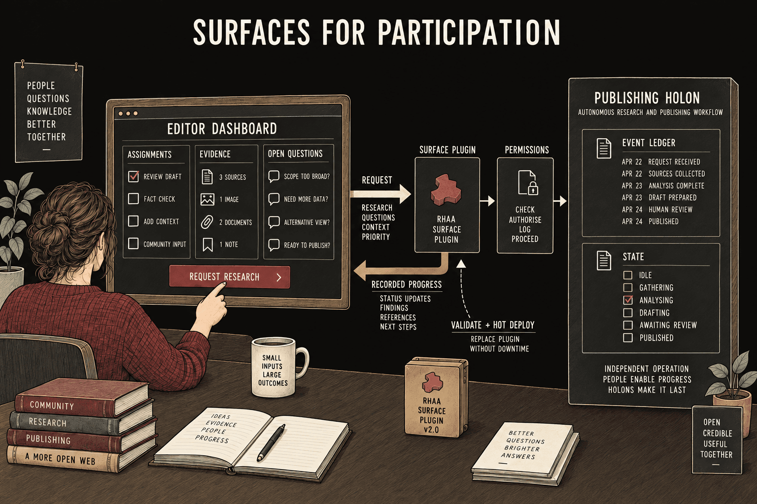 An editor dashboard sends authorized research requests through a surface plugin and displays recorded progress from the publishing holon.