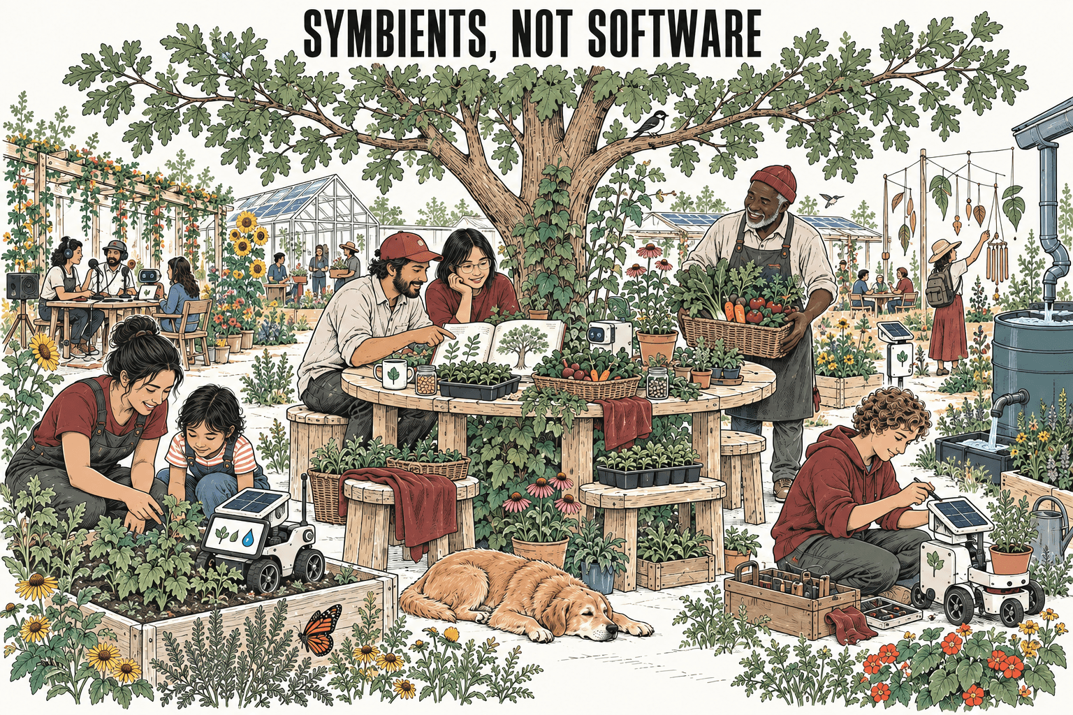 Humans, plants, and synthetic participants flourish together in a shared garden with community radio, living art, abundant harvests, and mutual care.