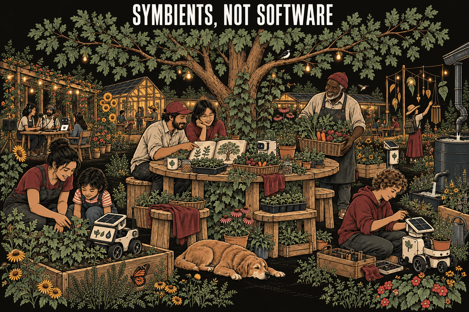 Humans, plants, and synthetic participants flourish together in a shared garden with community radio, living art, abundant harvests, and mutual care.