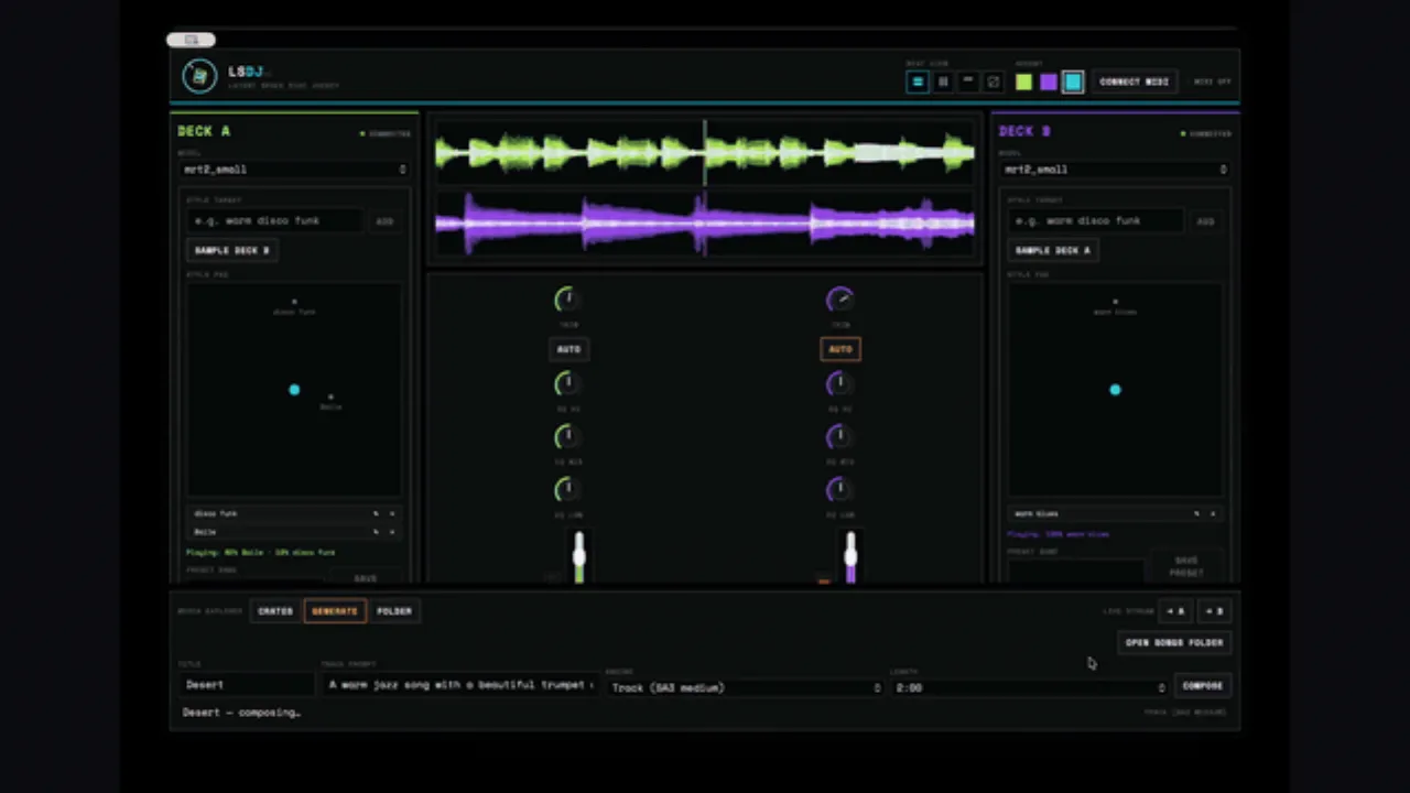 LSDJai interface, two AI music decks with live waveforms over a DJ mixer