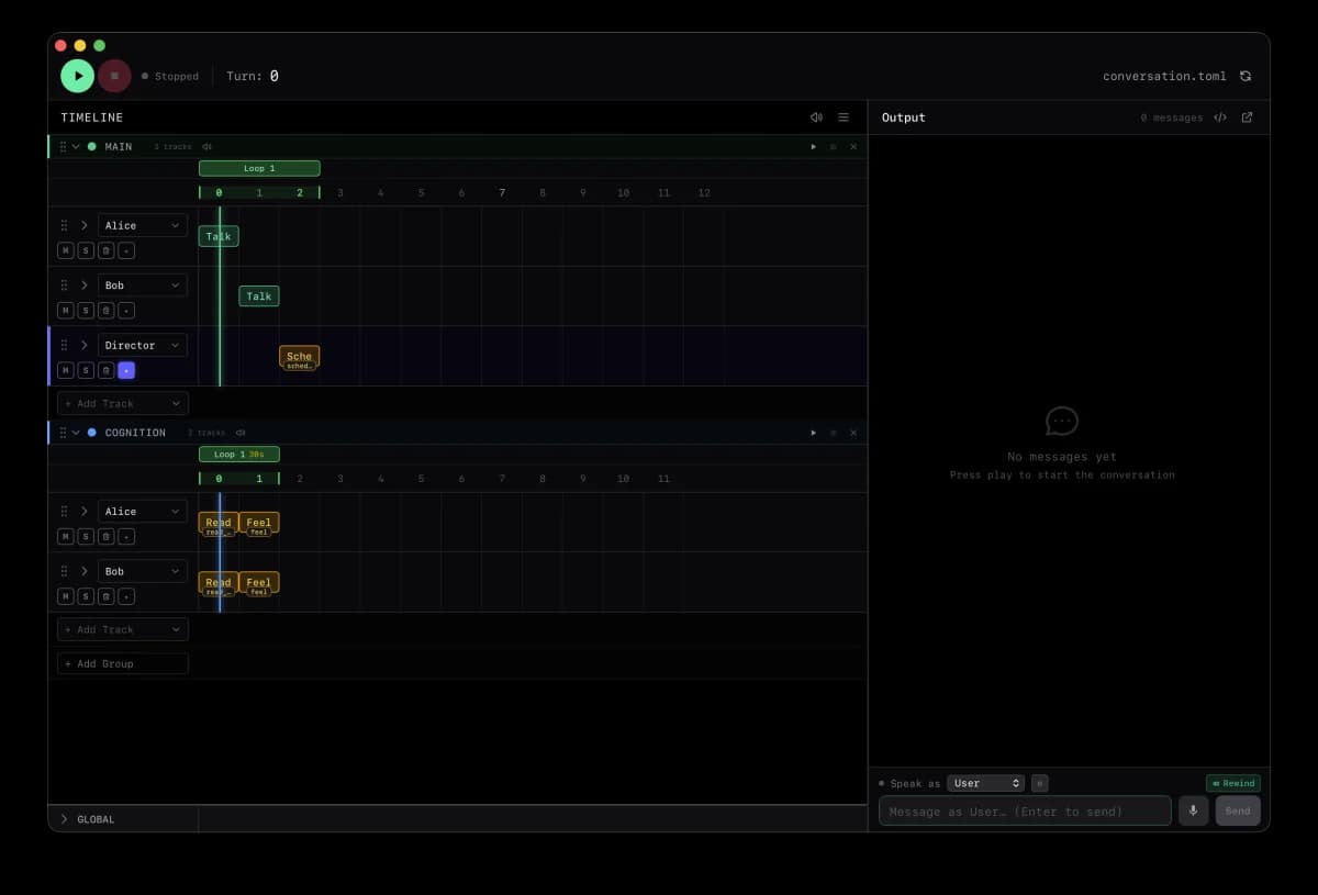 Rabbithole interface, an arrangement view with agents on tracks